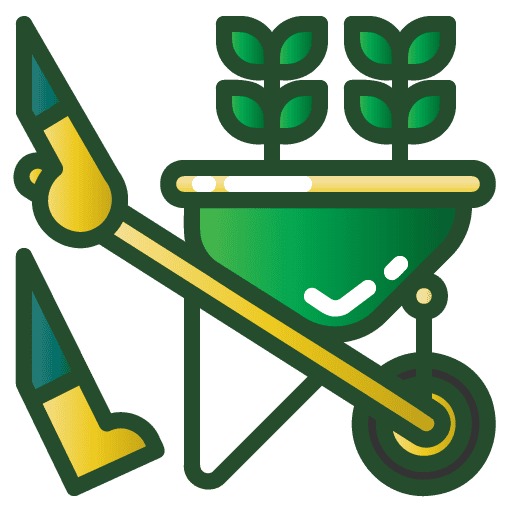 Garden wheelbarrow with gardening tools and plants for landscaping projects.